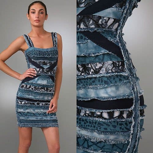 Herve Leger's frayed denim and strips of fabric dress