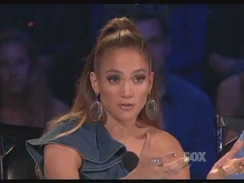 Jennifer Lopez wore a ruffled one-shoulder denim dress