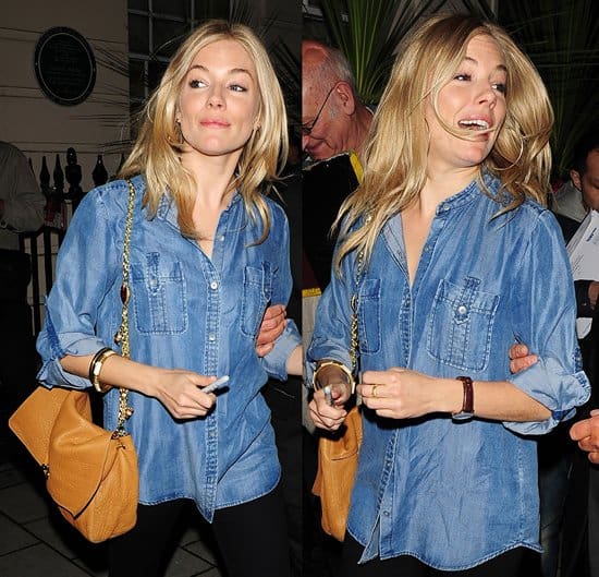 Sienna was in her signature casual chic style in a denim shirt, black skinny jeans, and brown ankle boots