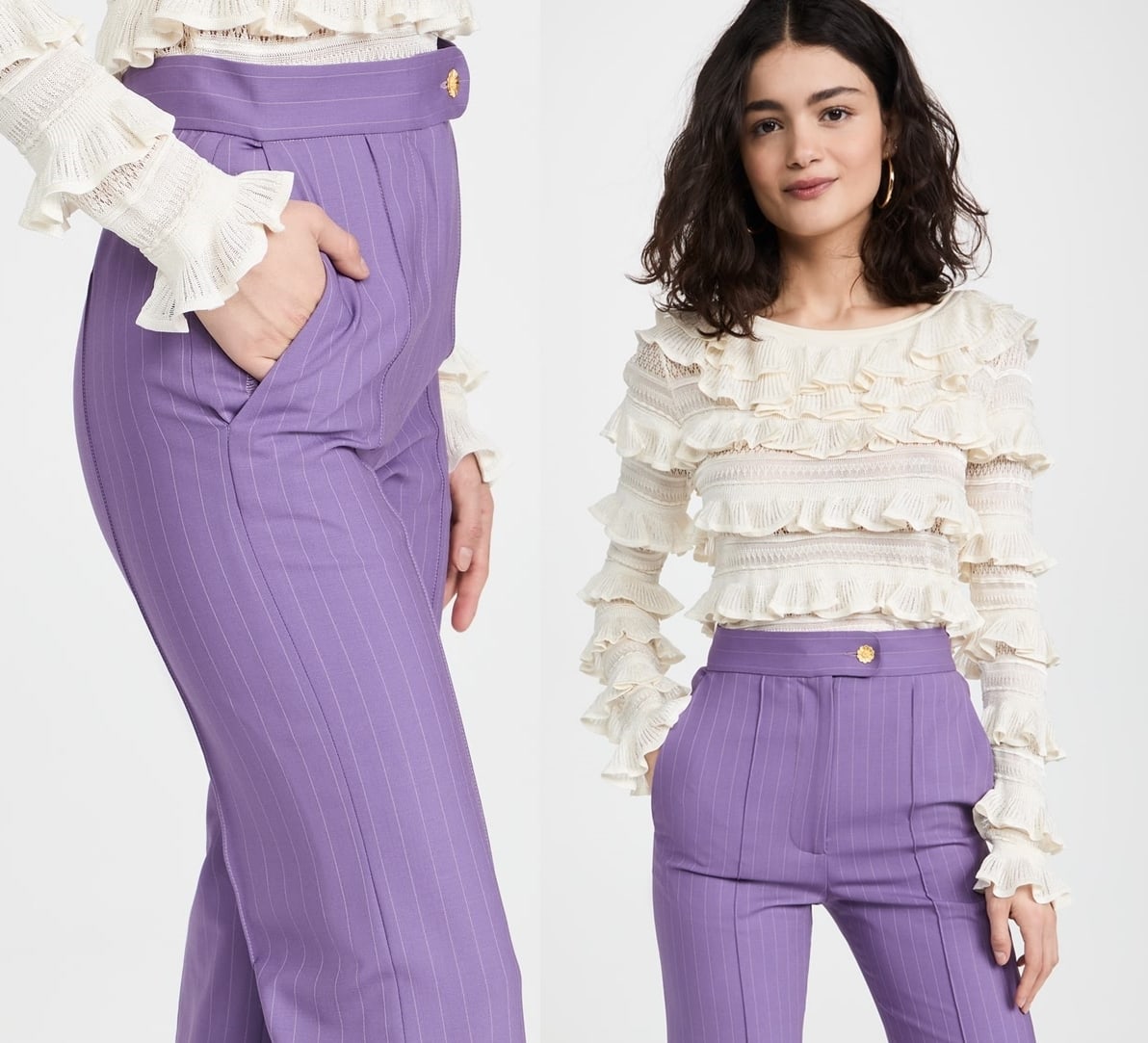 Purple flare pants paired with a fitted knit top featuring a high scoop neckline and tiered frills throughout