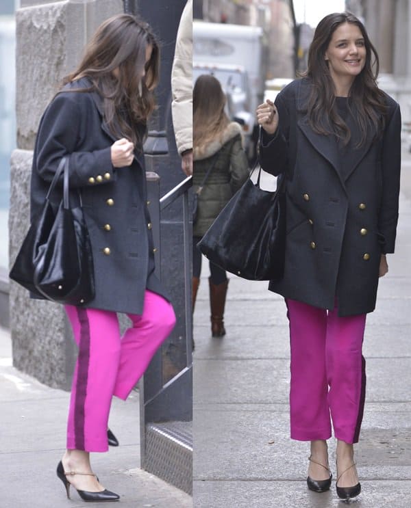 Katie Holmes shows how to style pink loose pants with a coat
