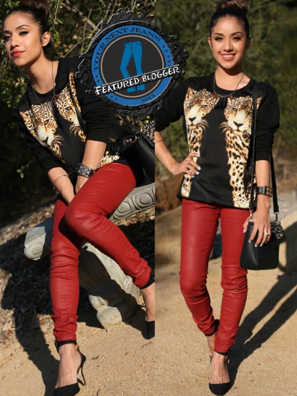 Dulce shows how to wear red colored pants with animal print