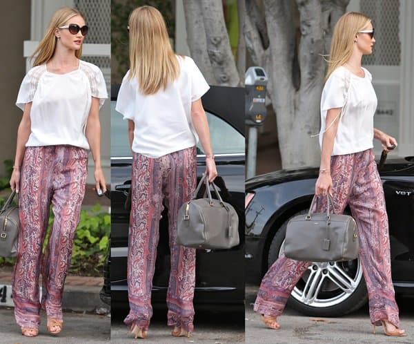 Rosie Huntington-Whiteley styled printed palazzo pants with a crisp white shirt