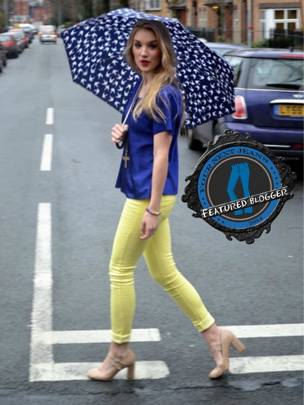 Rosie rocked yellow Pop Couture jeans with nude heels