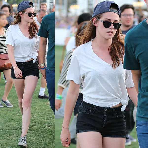 Kristen Stewart's bland knotted t-shirt + short shorts combo at Coachella