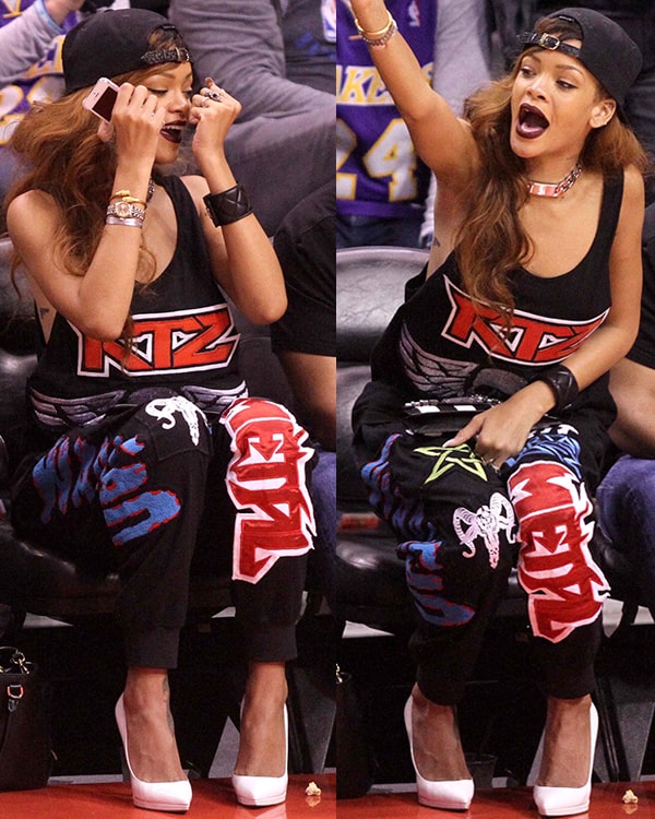 Rihanna watches the Los Angeles Lakers play the Los Angeles Clippers at the Staples Center on April 7, 2013