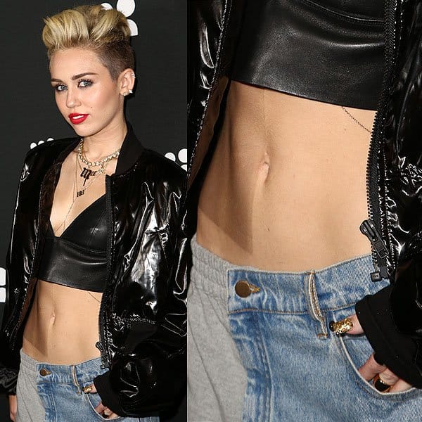 Miley Cyrus in half sweatpants, half jeans from the Ashish Spring 2013 collection