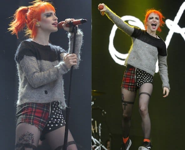 Hayley Williams rocks bright neon orange hair with studded UNIF "Jagger" shorts and black sneakers