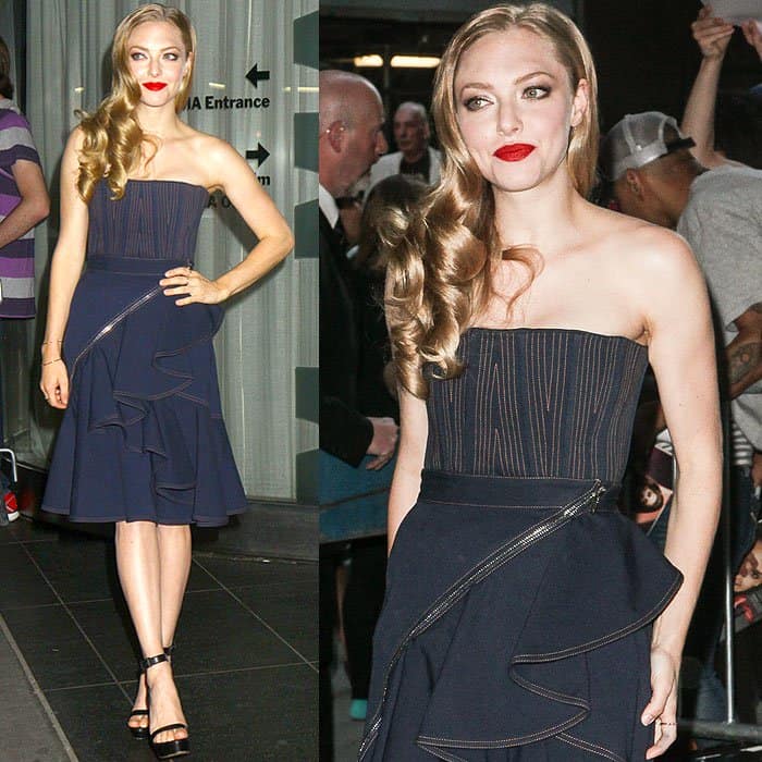 Amanda Seyfriend wearing a denim Givenchy dress at The Cinema Society and MCM with Grey Goose screening of Radius TWC's 'Lovelace' at the Museum of Modern Art in New York City on July 30, 2013