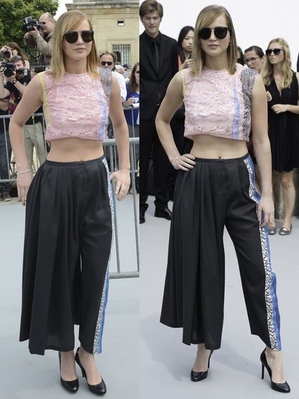 Jennifer Lawrence sported a pair of charcoal wool pants from the Christian Dior Resort 2014 collection
