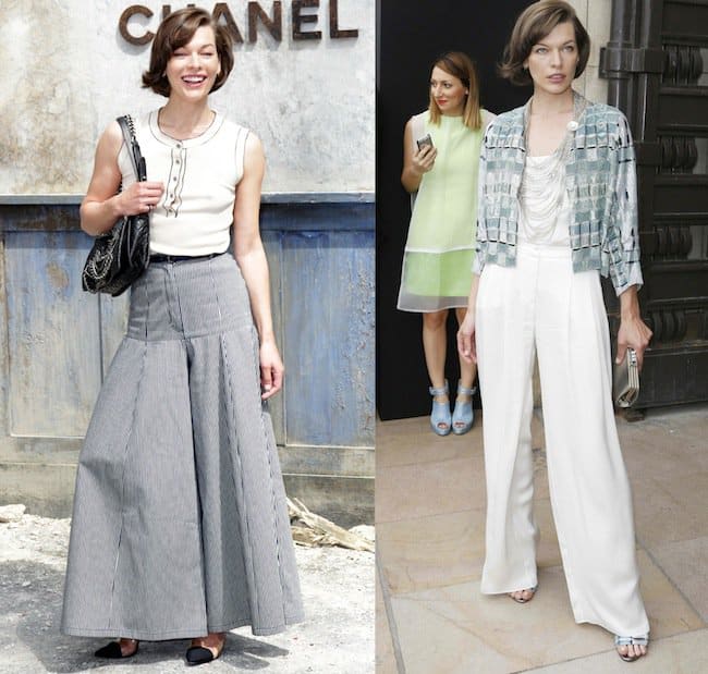 Milla Jovovich at the Chanel (left) and Armani (right) shows at Paris Fashion Haute Couture Fall/Winter 2013–2014 in Paris, France, on July 2, 2013