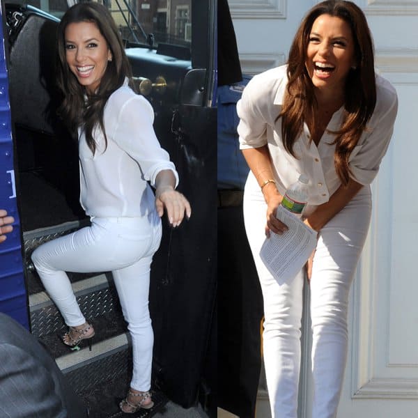 Eva Longoria wears Valentino Rockstud pumps at the campaign rally for Newark Mayor and U.S. Senate candidate Cory Booker