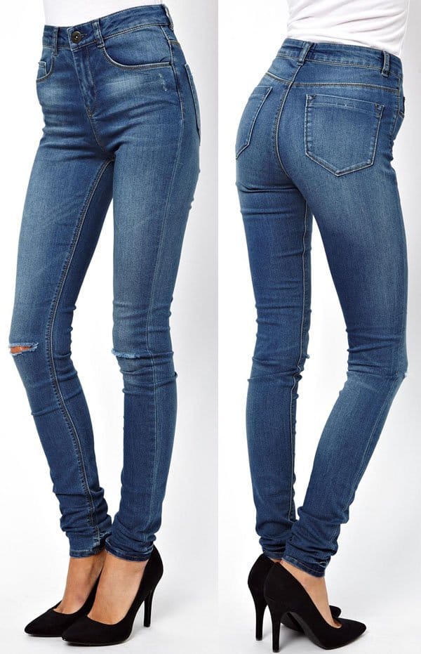 ASOS Ridley Mid Stonewash Super Soft Ultra Skinny Jeans with Ripped Knees