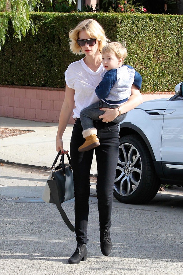 January Jones taking her son, Xander, to Babies First Class in Los Angeles, California, on October 22, 2013
