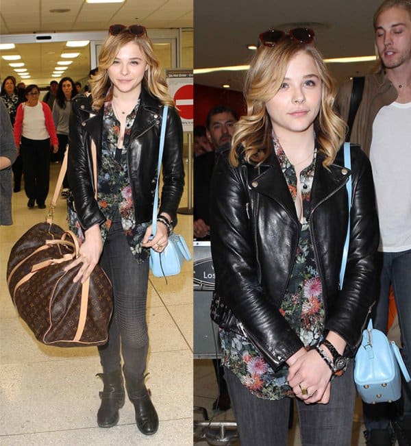 Chloe Moretz took the ribbed pants to another level of style by wearing them with a leather moto jacket and a floral-printed shirt