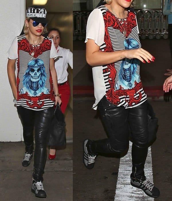 Rita Ora's skull-printed shirt and leather pants