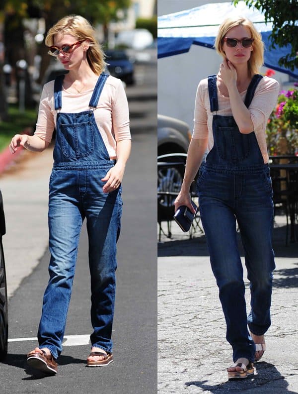 January Jones styled Black Orchid’s Boyfriend overalls with a peach-hued top