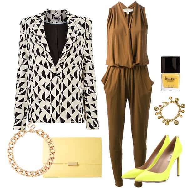 Outfit with Michael Kors crossover loose fit jumpsuit and yelllow pumps