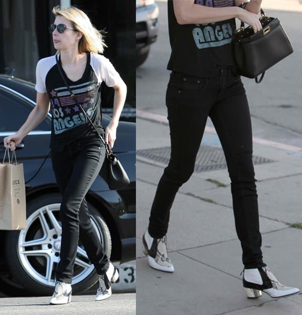 Emma Roberts out shopping wearing snakeskin boots and 1984 Summer Olympics t-shirt