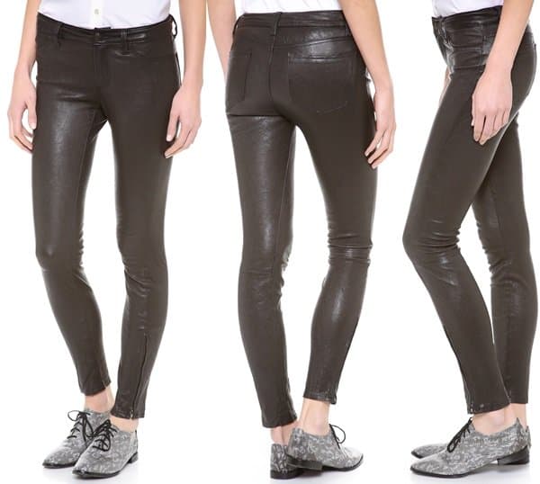Skinny J Brand ankle pants in soft, stretch leather with faux front pockets provide a smooth fit