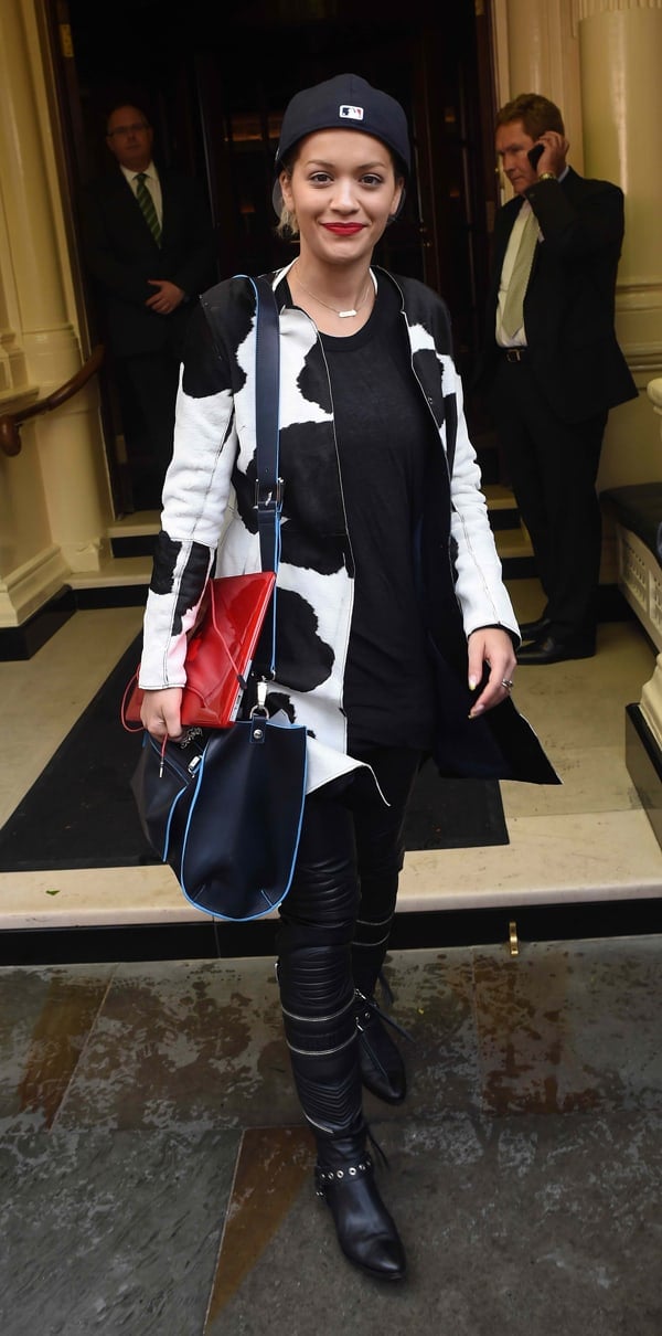 Rita Ora rocks black leather Balmain women's pants