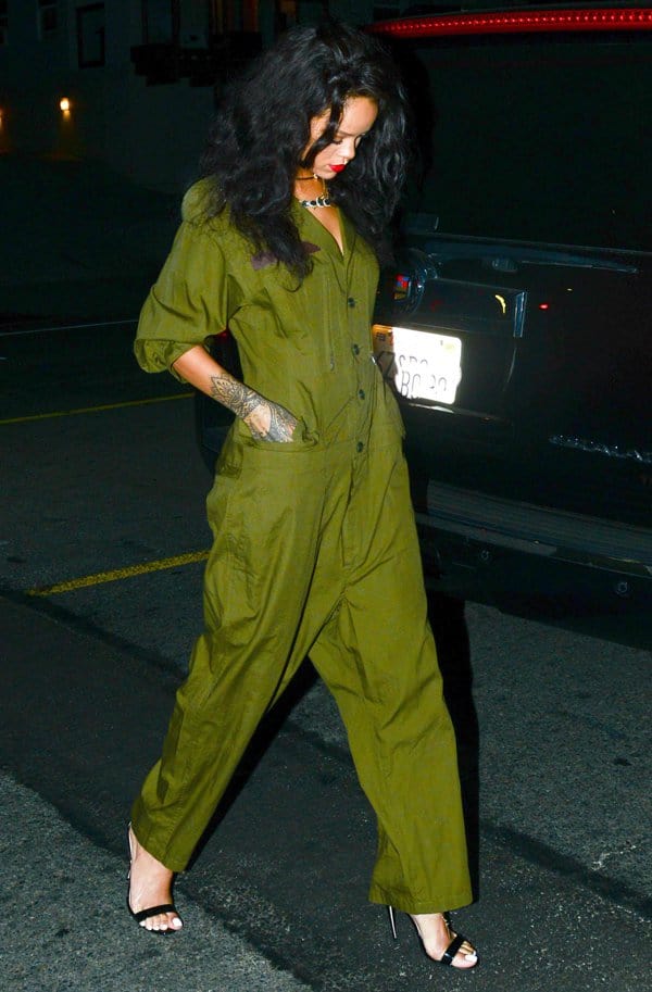 Rihanna styled a mechanic uniform-inspired jumpsuit with black sandals