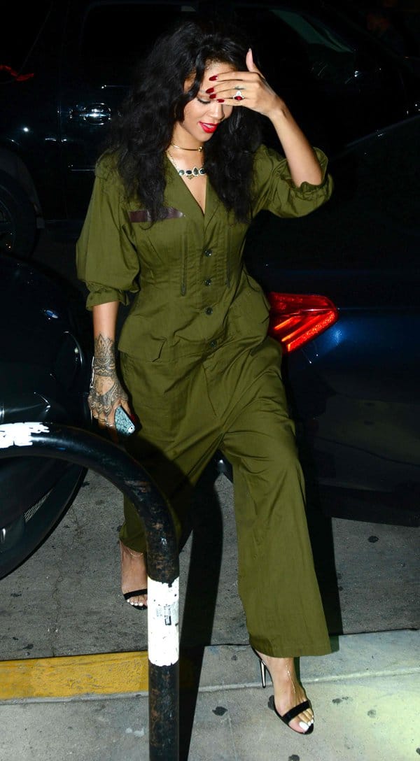 Rihanna rocks olive green Yohji Yamamoto overalls