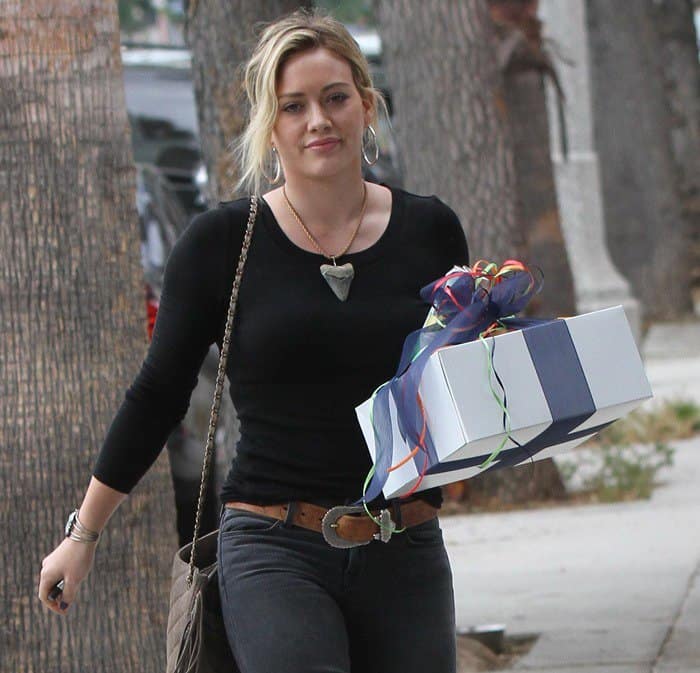 Hilary Duff wearing a brown Western belt in Studio City