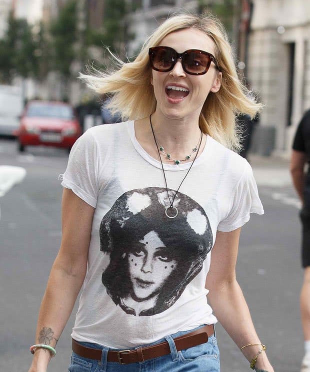 Fearne Cotton wears a face-printed t-shirt arriving at the BBC Radio 1 studios