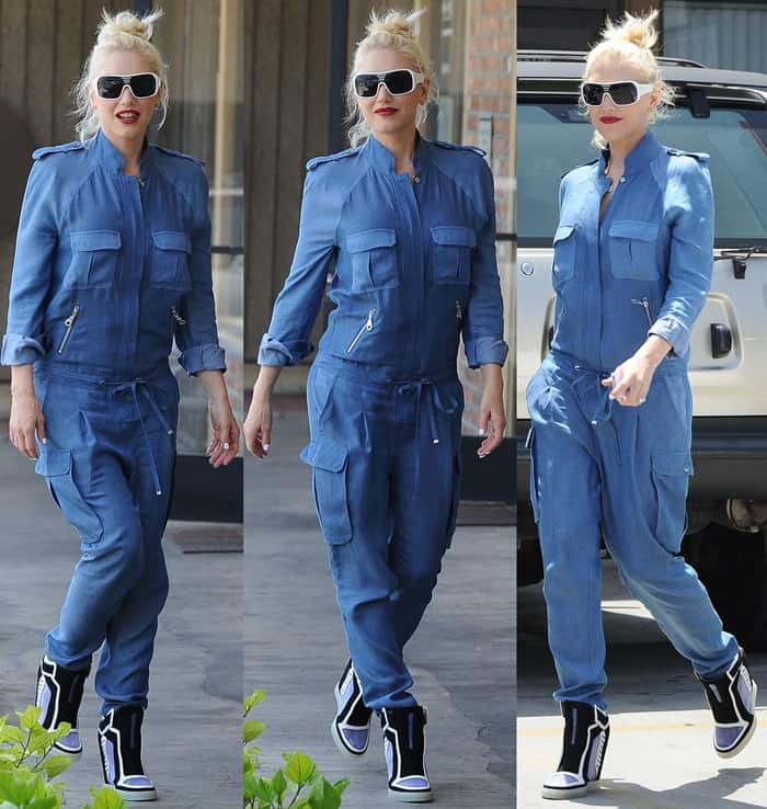Fashionable mom-of-three Gwen Stefani going for an acupuncture appointment wearing a cargo jumpsuit and wedge sneakers