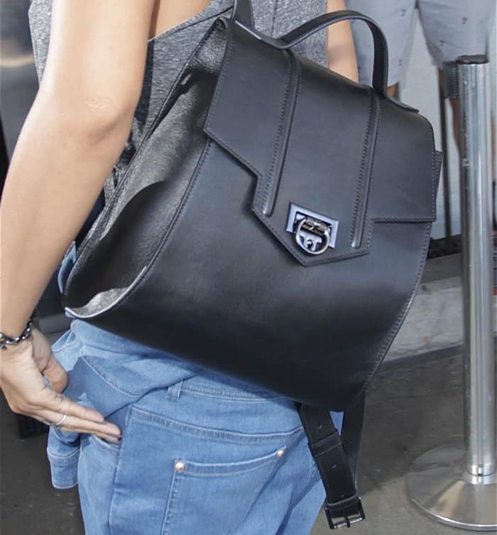 Rihanna's sleek Reece Hudson backpack styled in smooth leather with gunmetal-tone hardware