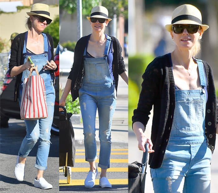 Naomi Watts goes grocery shopping wearing casual denim dungarees in Los Angeles