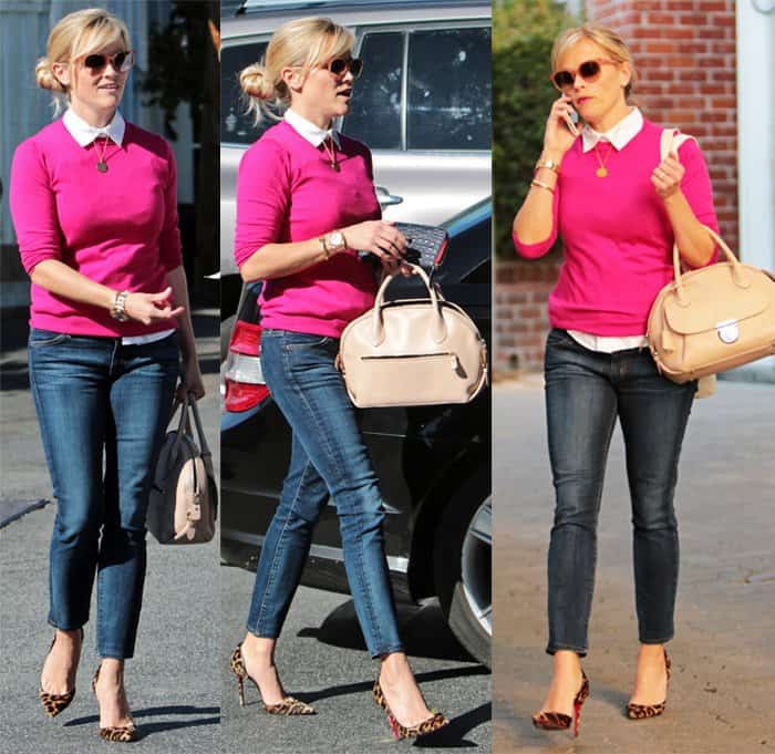 Reese Witherspoon spotted out in Brentwood carrying a Ferragamo ‘Flamma’ bag and wearing Christian Louboutin ‘Iriza’ pumps
