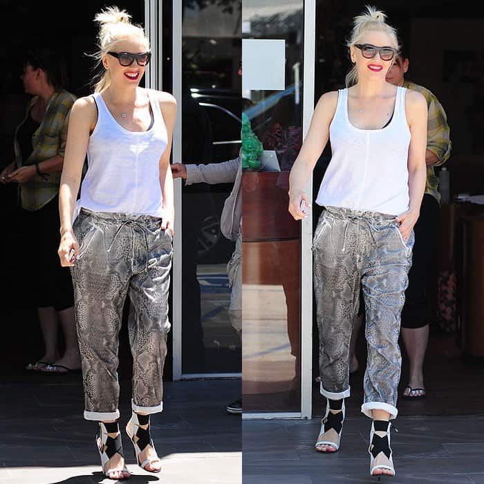 Gwen Stefani in baggy snake-print pants leaving a nail salon