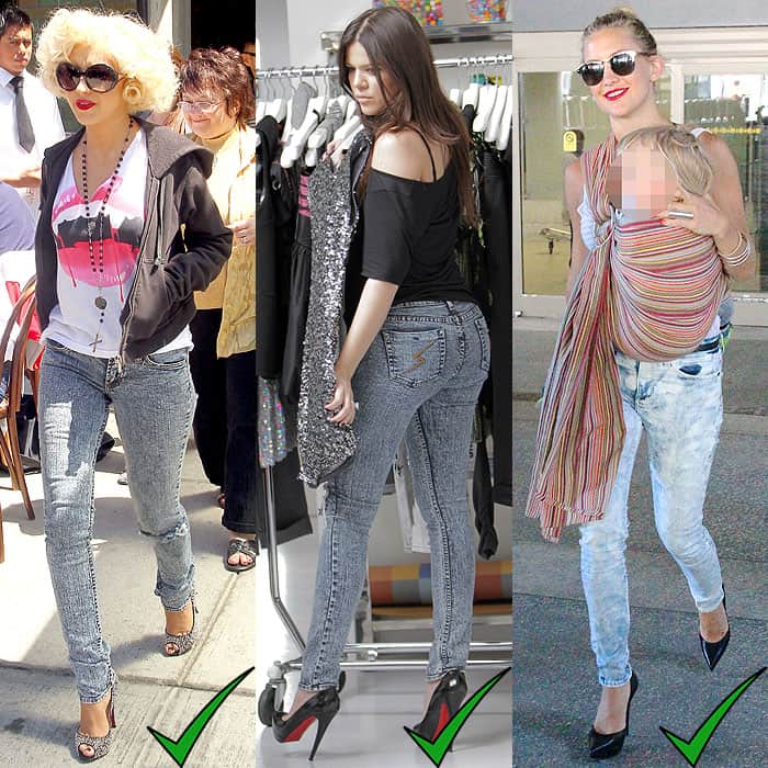 Christina Aguilera leaving an Italian restaurant in New York City on May 7, 2010; Khloe Kardashian shopping at Alice + Olivia boutique on Robertson Boulevard in Los Angeles, California, on October 29, 2009; Kate Hudson arriving at LAX Airport in Los Angeles, California, on July 30, 2013