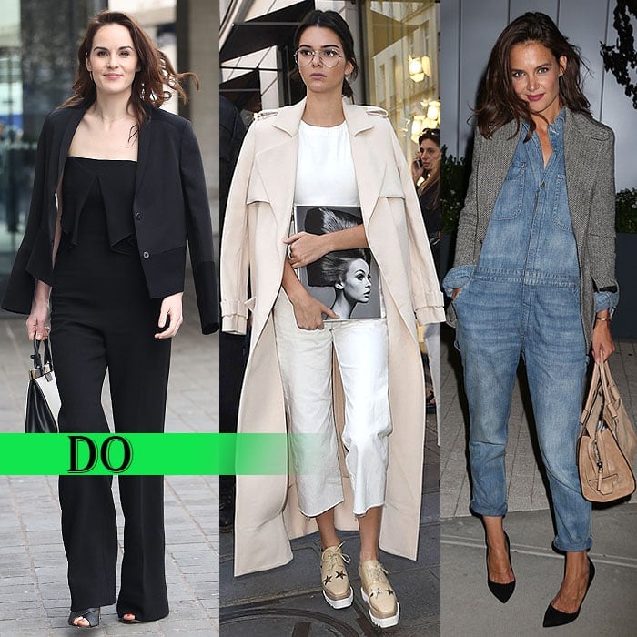 Michelle Dockery, Kendall Jenner, and Katie Holmes wearing jackets with jumpsuits.