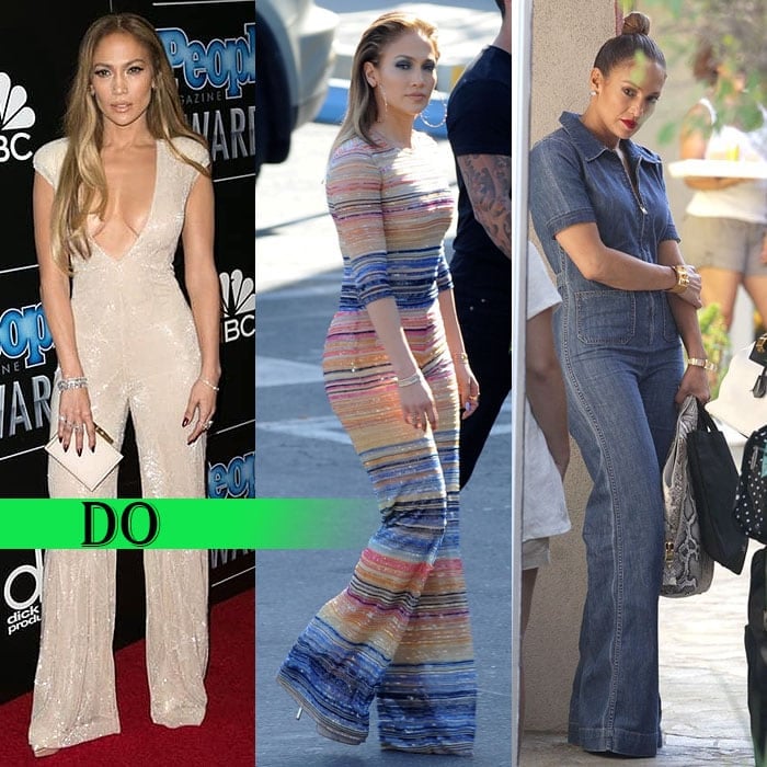 Jennifer Lopez showing that she's an expert at wearing flared jumpsuits, be it red carpet formal or everyday casual