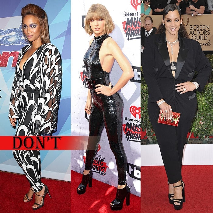 Tyra Banks in a bizarre patterned jumpsuit, Taylor Swift in a way-too-tight jumpsuit, and Dascha Polanco in an ill-fitted jumpsuit at different red carpet events