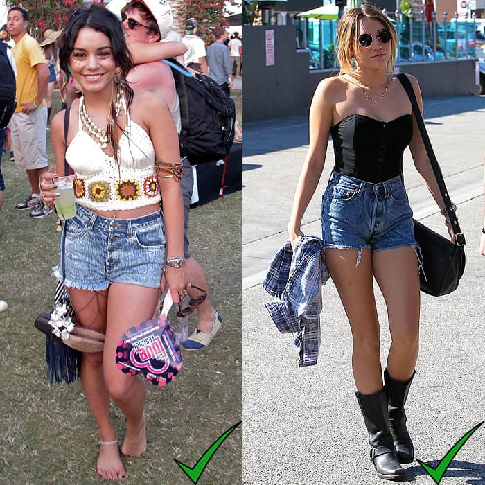 Vanessa Hudgens at day three of the 2011 Coachella Valley Music and Arts Festival in Indio, California, on April 17, 2011; Miley Cyrus heading to lunch at the Studio Cafe in Studio City, California, on February 3, 2012