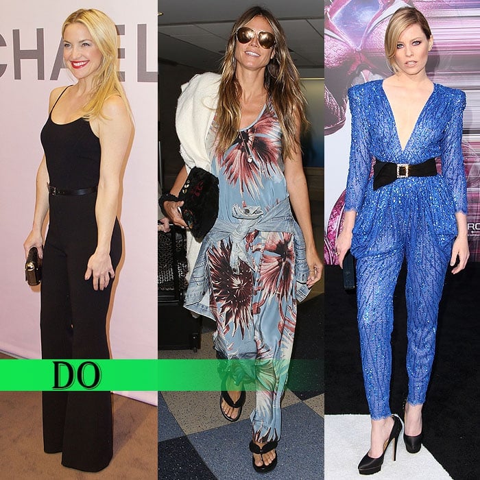 Kate Hudson wearing the right belt width to cinch her jumpsuit, Heidi Klum tying a denim jacket tied low around her floral jumpsuit, and Elizabeth Banks wearing a jeweled fabric belt to accentuate her tiny waist in a sparkly blue jumpsuit