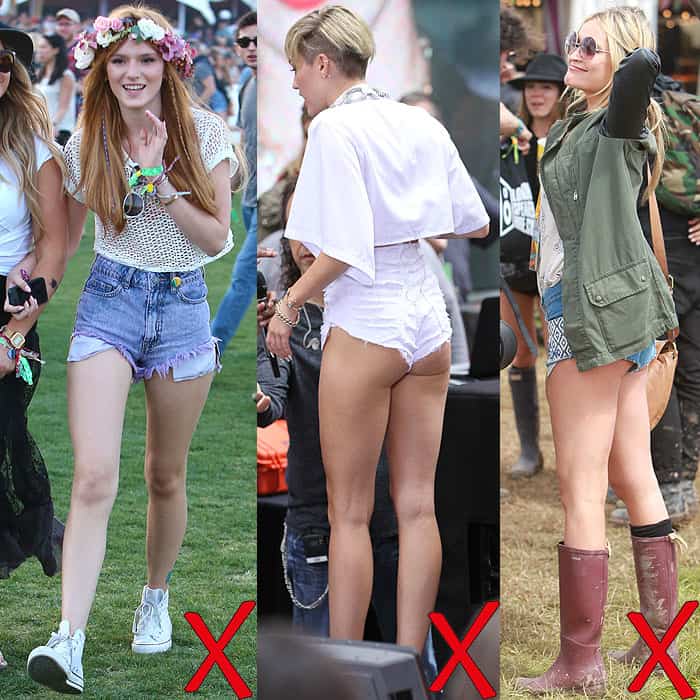 Bella Thorne at the 2013 Coachella Valley Music and Arts Festival in Indio, California, on April 12, 2013; Miley Cyrus performing on the Today show as part of their NBC Toyota Concert Series in Rockefeller Center in NYC on October 7, 2013; Laura Whitmore at the 2014 Glastonbury Festival in Glastonbury, UK, on June 27, 2014