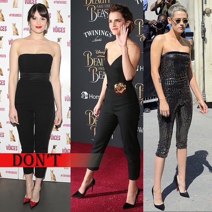 Gemma Arterton, Emma Watson, and Kristen Stewart all wearing too-short cropped jumpsuits that stunt their height