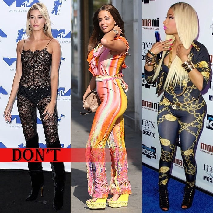 Hailey Baldwin exposing underwear in a sheer lace jumpsuit, British TV actress Yazmin Oukhellou in a garish printed jumpsuit, and Nicki Minaj in a skintight chain-print jumpsuit