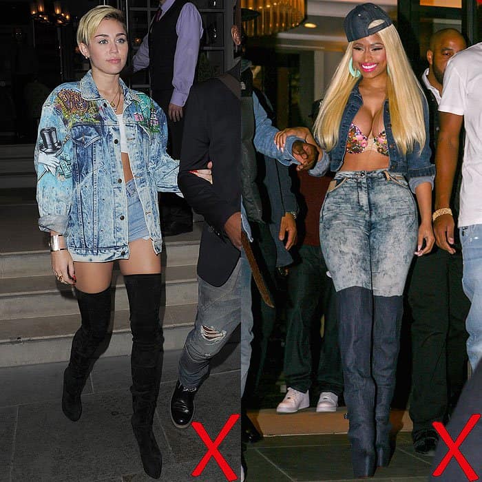 Miley Cyrus leaving her hotel in London, England, on September 11, 2013; Nicki Minaj leaving her hotel in London, England, on October 31, 2012