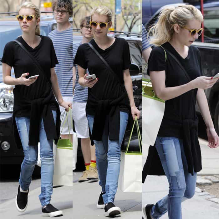 Emma Roberts rocks patchwork denim jeans in Soho after the Met Gala