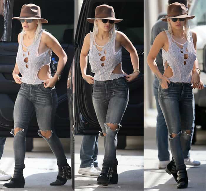 Rita Ora wore a revealing beaded cutout top with ripped Citizens of Humanity jeans