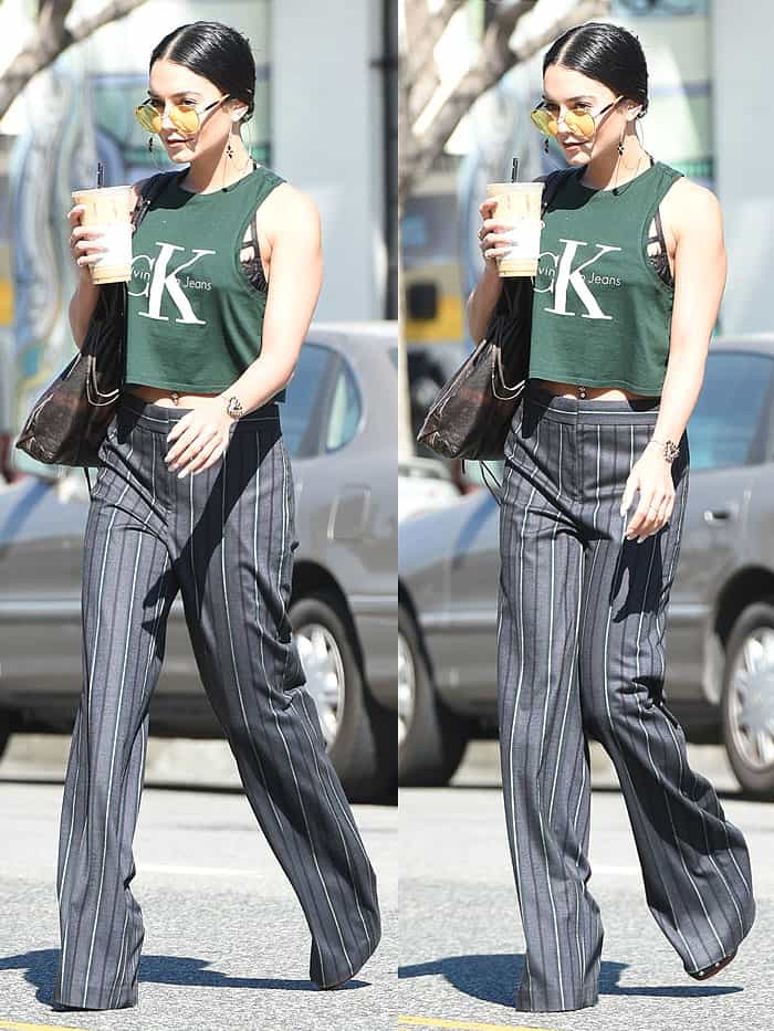 Vanessa Hudgens wearing a CK Jeans crop tank, striped pants, and Vince Camuto 'Elric' sandals