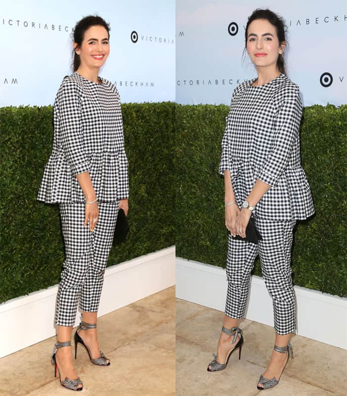 Camilla Belle wears gingham peplum top and trousers for the Victoria Beckham x Target event