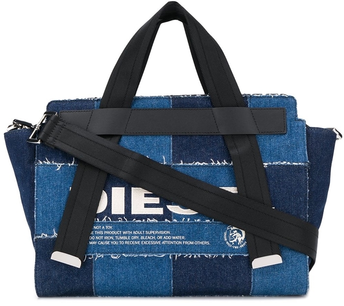 Blue cotton patchwork denim tote from Diesel featuring a panelled colour block design, a central printed logo, frayed edges, round top handles, a detachable shoulder strap and a main internal compartment