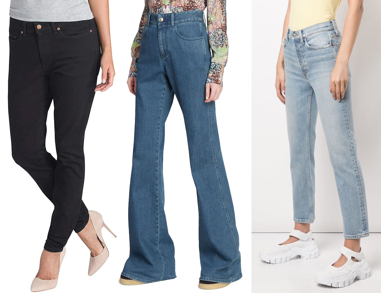 Dickies Perfect Shape denim jeans - skinny stretch, Chloe flared high-waisted stretch denim jeans, Re/Done Comfort Stretch cropped jeans